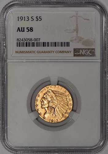 1913-S Indian Head Half Eagle $5 Gold NGC AU58