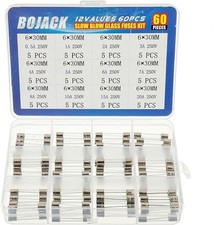 12 Values 60 Pcs Slow Blow Glass Fuses Assortment Kit 6x30 mm 250V T 0.5A 1A 2A
