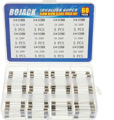 12 Values 60 Pcs Slow Blow Glass Fuses Assortment Kit 6x30 mm 250V T 0.5A 1A 2A