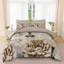 King Bed in A Bag 7 Pieces Floral Comforter with Sheets Set Khaki Flowers Bed...