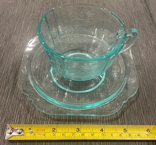 Vintage Blue Teal Madrid Indiana Glass cup & saucer set Depression Glass