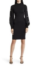 Eliza J Long Sleeve Small Black Sweater Dress Shine Rhinestone Bow Sleeves New