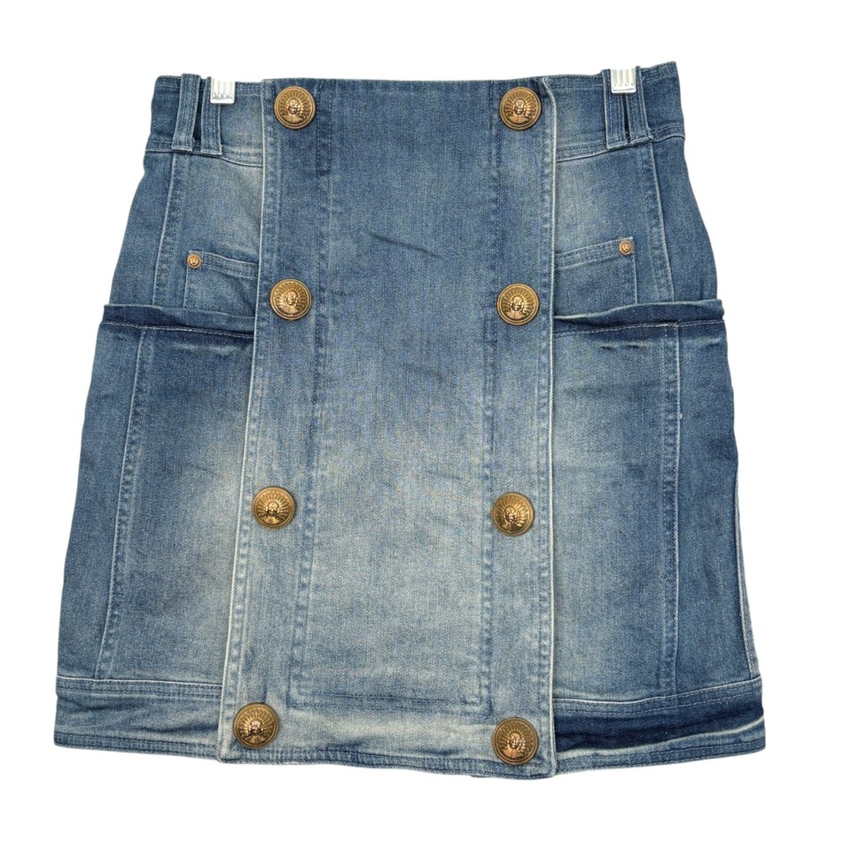 Womens SIZE 36 -Fits S High Rise Stretch Denim Skirt Gold Buttons Y2K Festival