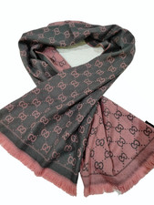GUCCI women's Scarf Shawl Stole wrap Wool GG Logo Made in Italy Gray and pink