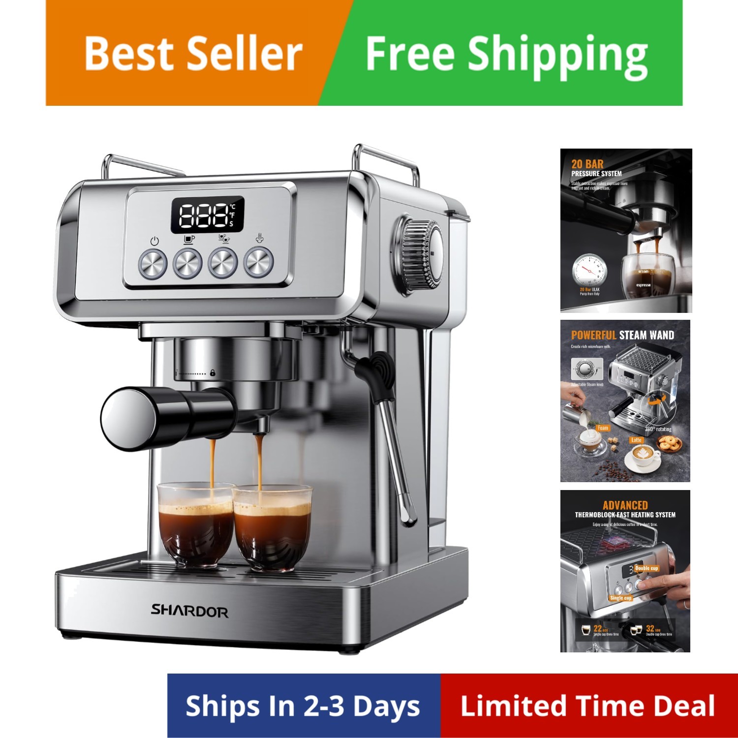 20-Bar Espresso Machine for Home Barista, Built-In Steam Wand for Latte & Cap...