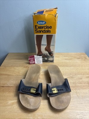 Vintage Wood Sandals Womens Blue Leather 70s DR SCHOLLS Exercise Clogs 
