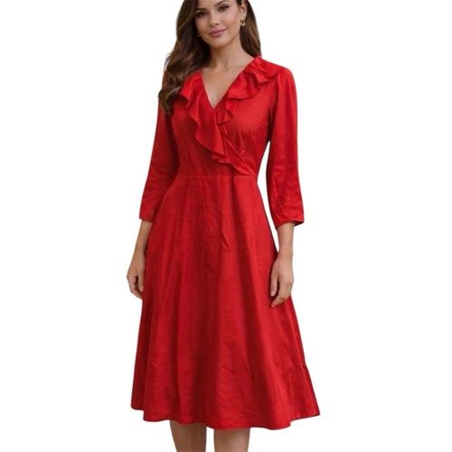 H&M, H&M Red Flouce Neckline Dress Midi Size XS Elegant Cocktail