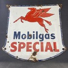 VINTAGE MOBIL ORIGINAL SIGN OLD GAS STATION SHIELD PEGASUS GAS PUMP PLATE 12"