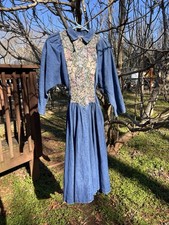 FADS Denim Tapestry Collared Midi Dress Floral Panel Long Sleeve Vintage Blue