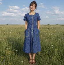 Vintage Cottagecore Prairie Pocket Dress Womens Modern Small Blue Floral Yellow