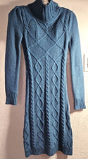 Moda International Sz S Teal Wool Blend  Cable Knit Sweater Dress Mock Neck 