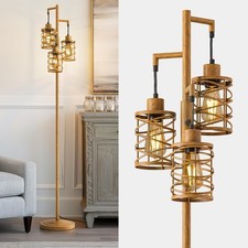 70" Farmhouse Dimmable Floor Lamp, Light Wood Grain Industrial Metal Cage Sta...