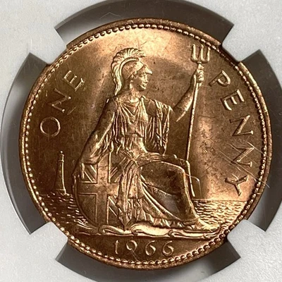 1966 One Penny Great Britain NGC Certified Uncirculated RD Queen Elizabeth 1P - Image 1 of 4
