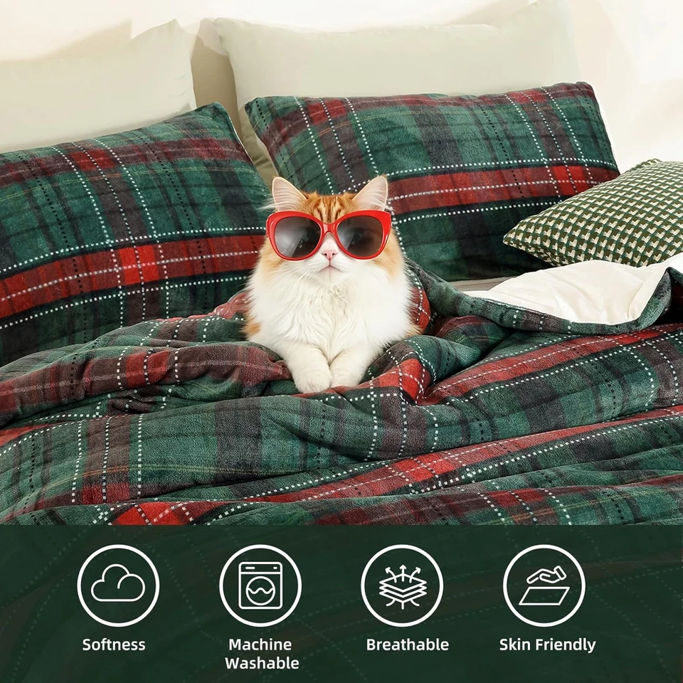 Juego de Edredón Reina Navidad, Edredón de Franela con Cuadros Verdes, Suave Acogedora Fle Foto 2 de 4