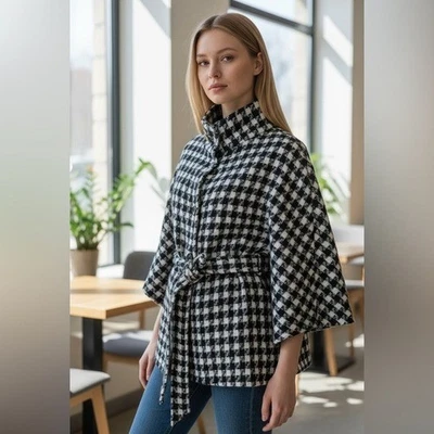 NWT JUICY COUTURE Black White Houndstooth Poncho Jacket Cape Belted Plaid Wrap - Image 1 of 4