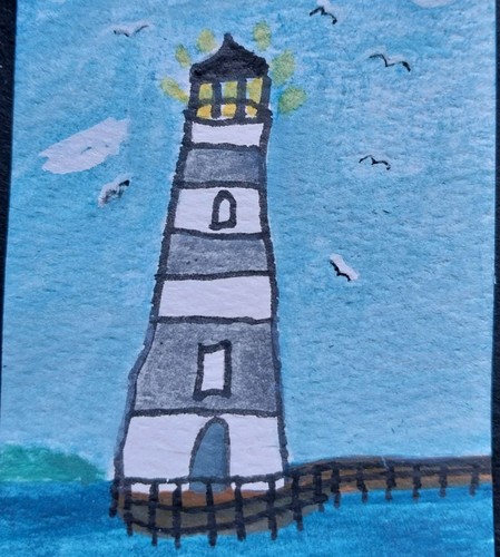ACEO Original Mixed Media Painting Art lighthouse ATC OOAK Seascape outsider 