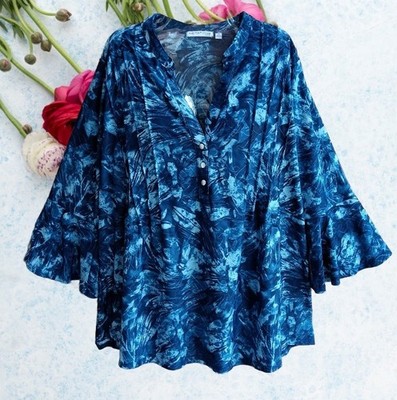 Notations Womens Top Blouse Popover 3/4 Flounce Sleeves Blue Size 2X