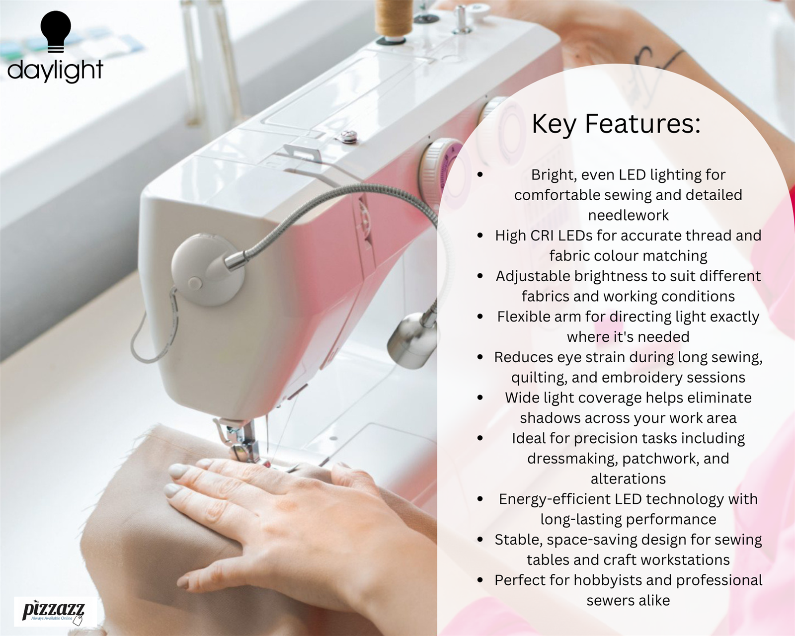 Sewing Machine LED Light Flexible Stick-On Lamp 6000K Natural Daylight UK Plug
