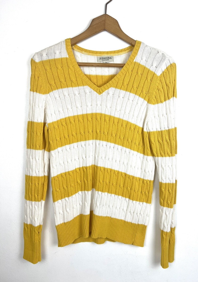 St Johns Bay Stripe Classic Cable Knit Sweater Medium V Neck White