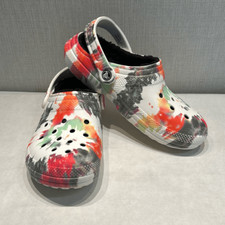 Crocs Classic Clogs Shoes Unisex US M6/W8 Fuzz Fur Lined Tie Dye White Multicolo