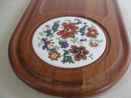 Vtg Dolphin Teakwood Serving Cheese Tray Board Dome Lid Floral Inlay Plate 17" - Picture 4 of 11