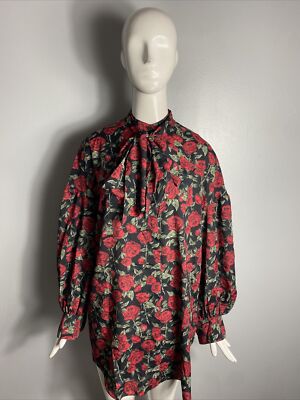 NWT rokh Womens Long Sleeve Button Up Ribbon Blouse, Midnight Roses Size 40