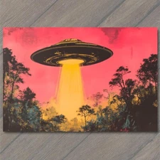 Art Print UFO Hovering Over Forest Sunset Glow Vibrant Mysterious Sci-Fi Scene