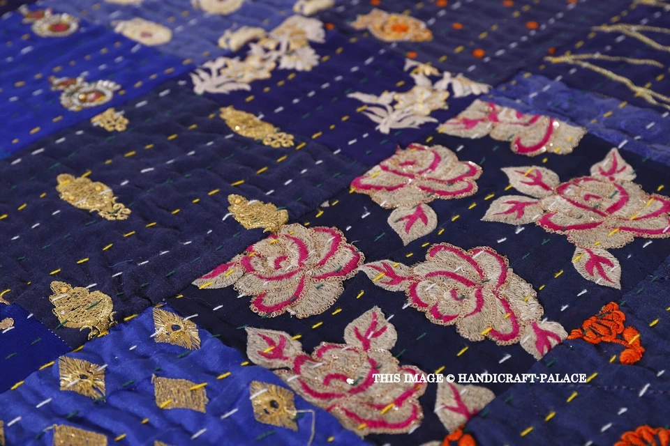 Manta de algodón hecha a mano india Kantha Throw de retazos vintage azul Foto 3 de 4