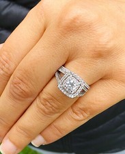14k White Gold Round Cut Diamond Engagement Ring And Band Halo Bridal 1.50ctw
