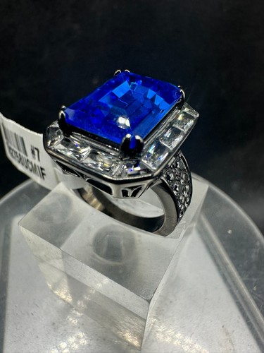 Sapphire emerald cut ring blue light black cz cocktail 7 carat womens - Picture 5 of 12