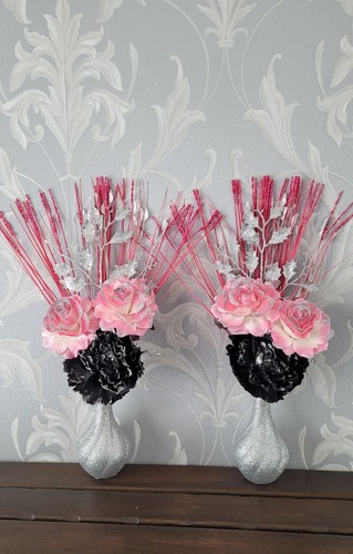 ARTIFICIAL SILK PINK GLITTER ROSES, BLACK GLITTER FLOWER, SILVER GLITTER B/VASES - Picture 5 of 5