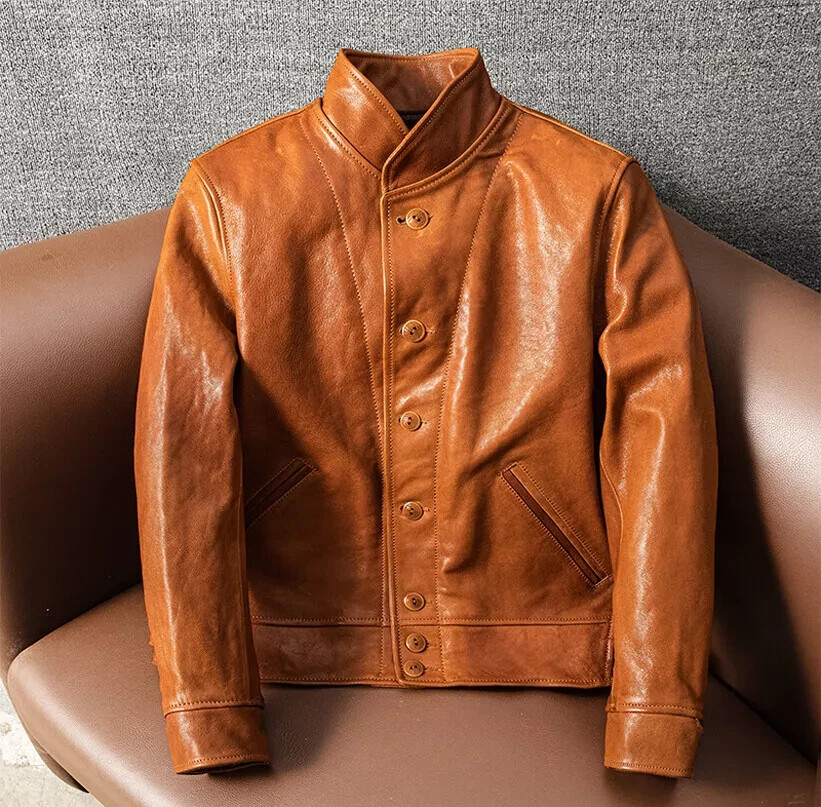 Men's Vintage Tan Genuine Cowhide Vegetable tanned Leather Jacket All Size
