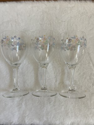 Vintage Set of 3 Luminarc France Floral Stemware Wine Hand Ptd Glasses Beautiful