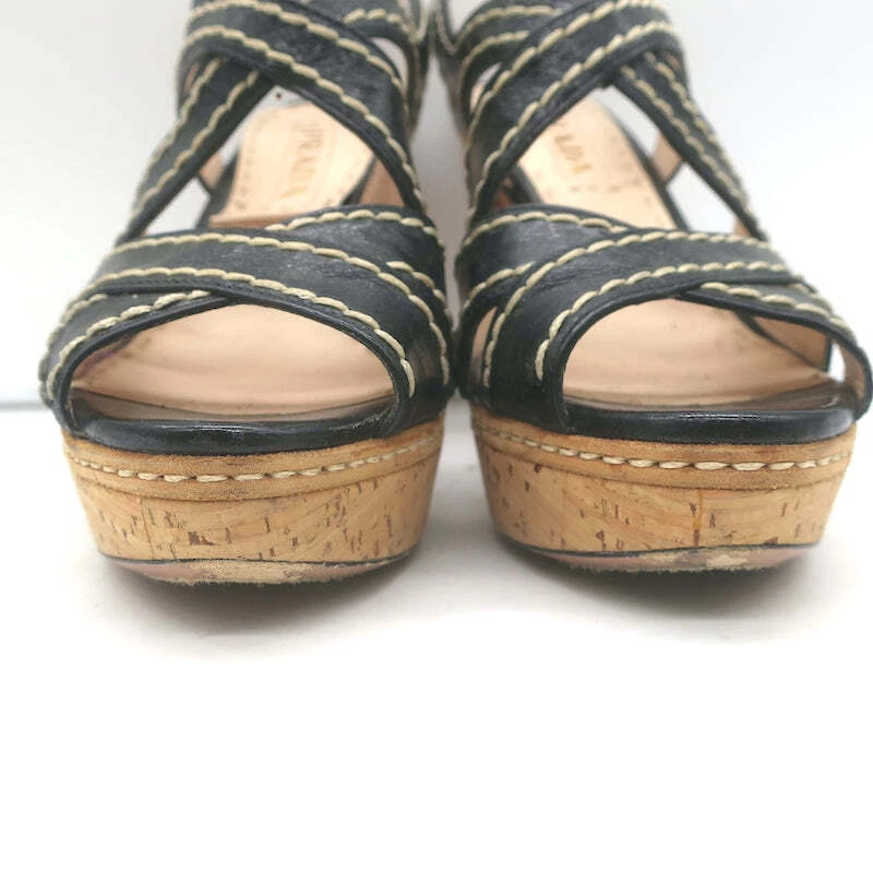 Sandalias Prada con plataforma de corcho entrecruzadas de cuero negro talla 36,5 tacones con cordones Foto 4 de 4