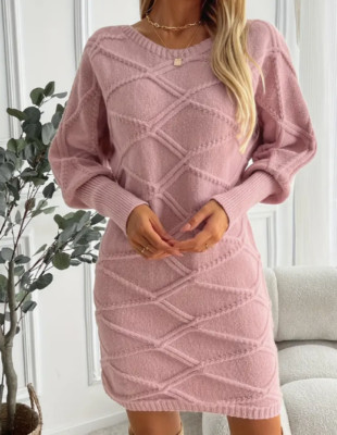 Zopfmuster Strickkleid mit Rundhalsausschnitt - Gemütliches Langarm Strickkleid