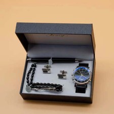 Mens Luxury Gift Set Watch Bracelet Pen Cufflinks Black Brown Gift Ideas in Box