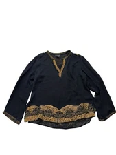 Citron Santa Monica Women M Silk Blouse Top Embroidered Asian Boho V Neck