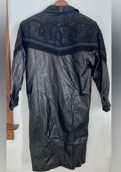 Vintage Wilsons Leather 80’s Black Paisley Trench Coat Grunge Women’s Size PS - Image 2 of 4
