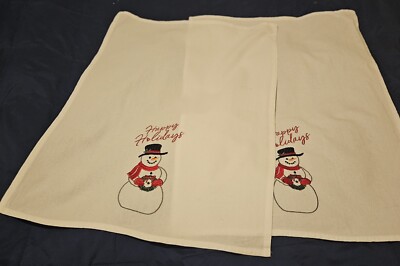 Happy Holidays White Cotton Embroidered Snowman Hand Towels 2 Pack 