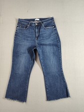 Loft Women Jeans 31/12 Blue Denim Stretch High Rise Wide Leg Button Crop Casual