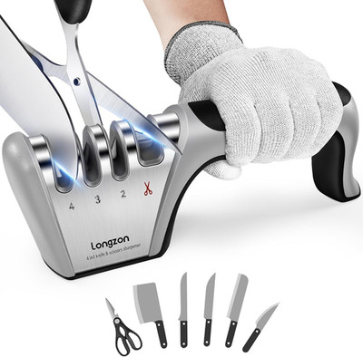4-In-1 Knife Sharpener [4 Stage] with a Pair of Cut-Resistant Glove, Original...