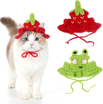 2pcs Cat Crochet Hat Frog Strawberry Knitted Pet Cap Soft Puppy Kitten Costume