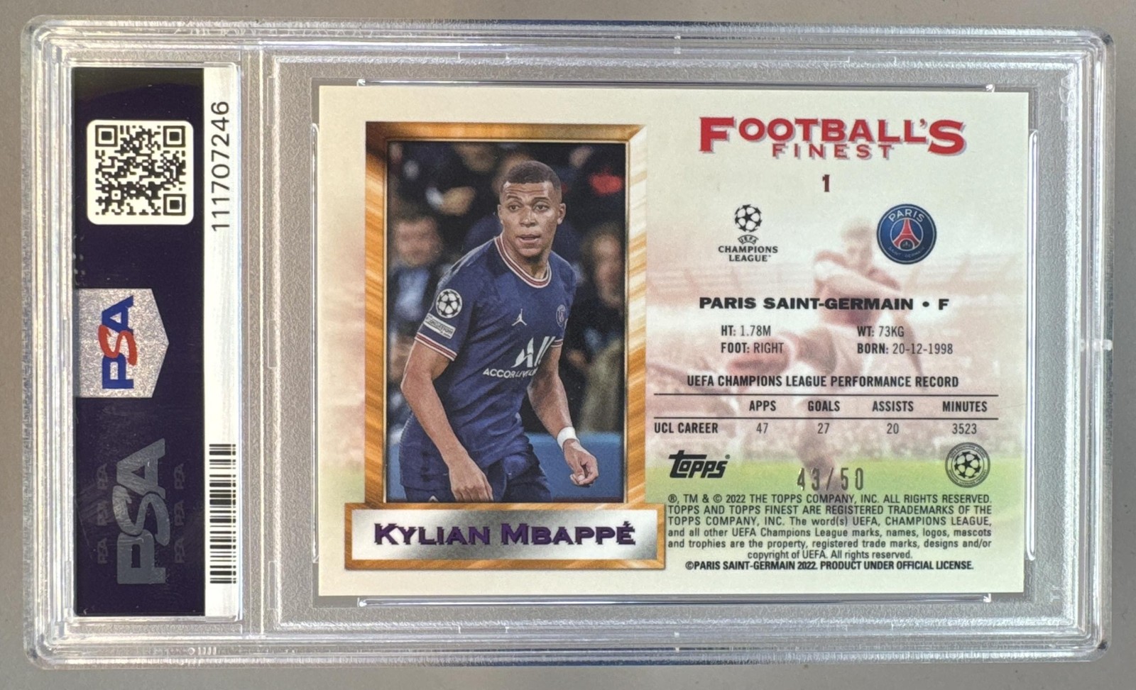 Kylian Mbappe 2021 Topps Finest Flashbacks UEFA #1 Gold Refractor 23/50 PSA 10 view 2