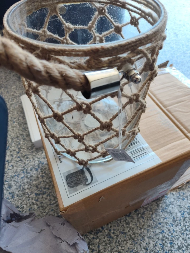 LINTERNA LUCA VIDRIO Y YUTE PEQUEÑA NUEVA 62189 HECHA EN INDIA Foto 4 de 4