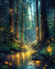 Magical Enchanted Forest with Fireflies – 8x10 Fairies Fantasy Art Print Poster