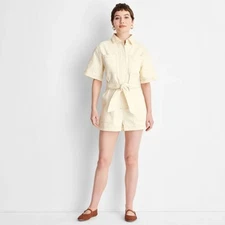 Future Collective Women's Short Sleeve Utility Romper Cotton Ivory Size Large
