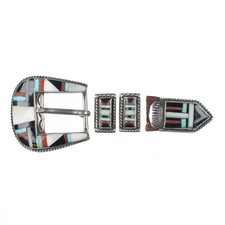 50's-60's Vintage Zuni sterling silver channel inlay ranger belt buckle set 3/4"