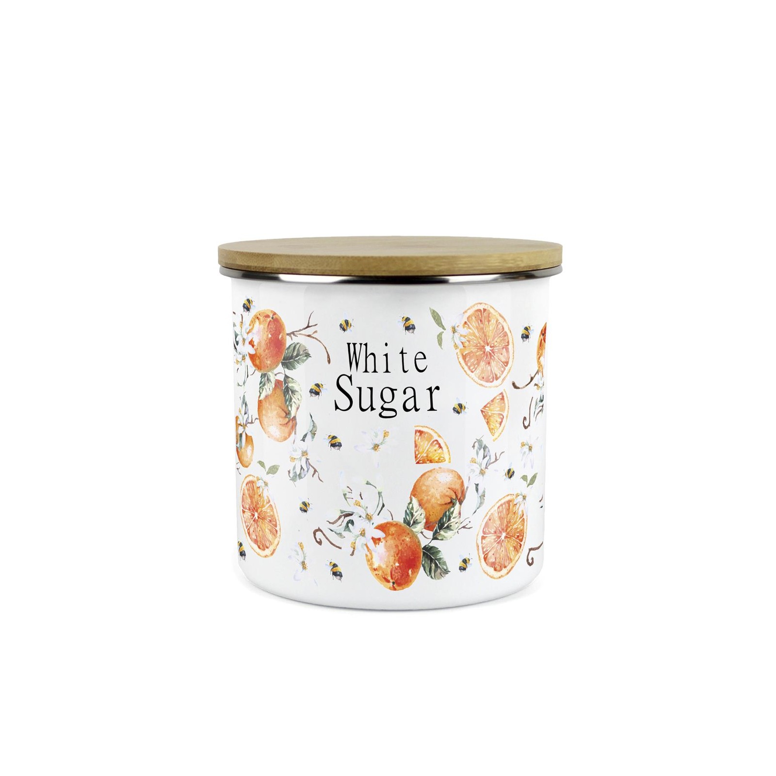Tangerines White Sugar Canister - Vibrant Citrus Enamel Kitchen Storage Jar Gift