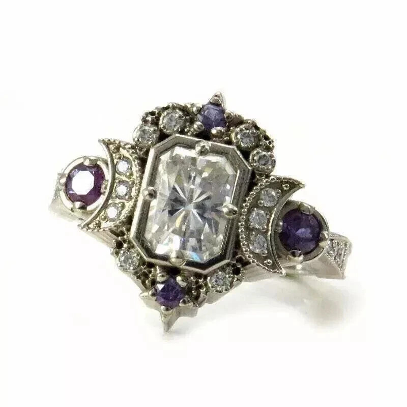 14K Gold Over Lab Created Diamond Alexandrite Gothic Crescent Moon Vintage Ring