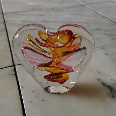 Poland Lead Crystal Heart Art Glass Paperweight Pink Amber Swirl - Image 1 of 4